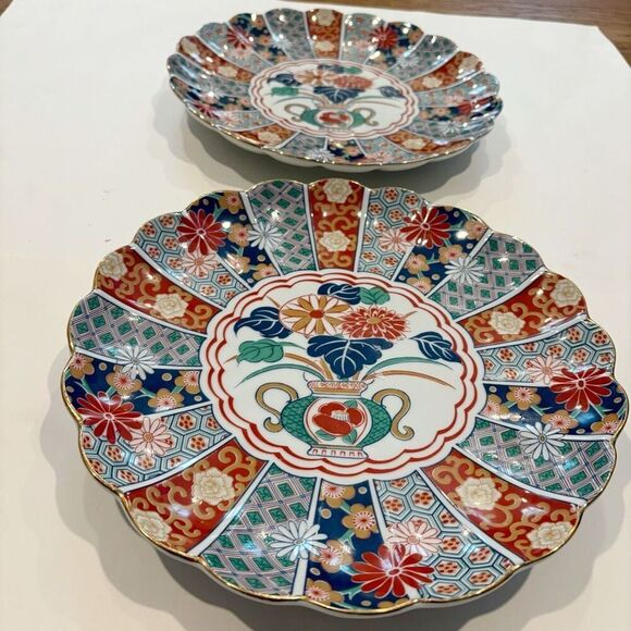 VTG Arita Imari Fan Plate Set of 2 TWO Porcelain Japan - Picture 5 of 7